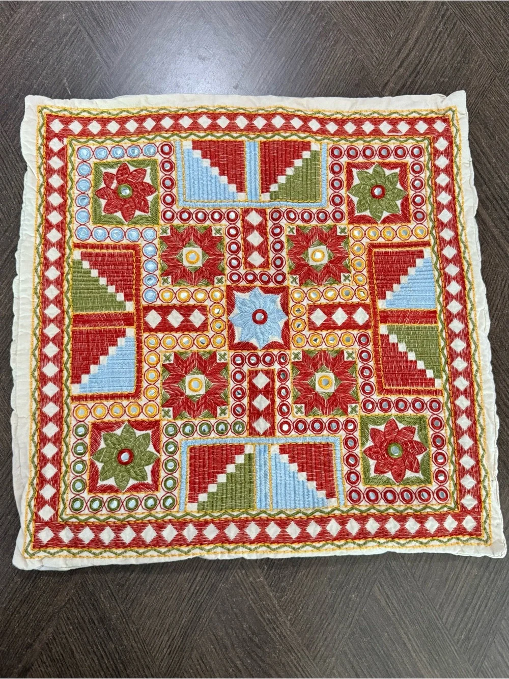 Vintage Boho Mirror Pillow Cover Rajasthani Embroidered 19x19 India-Cover Only